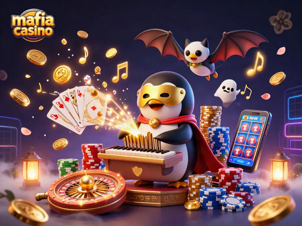 Mafia casino scene with a phantom penguin playing a golden organ, coins, and a bat acrobat