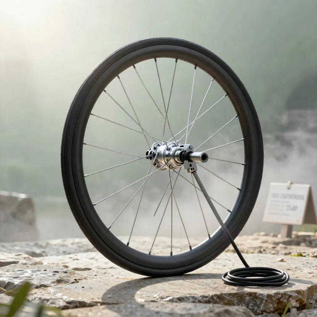Ruota elettrica anteriore da 26 pollici su pietra bagnata con accessori e luce morbida.