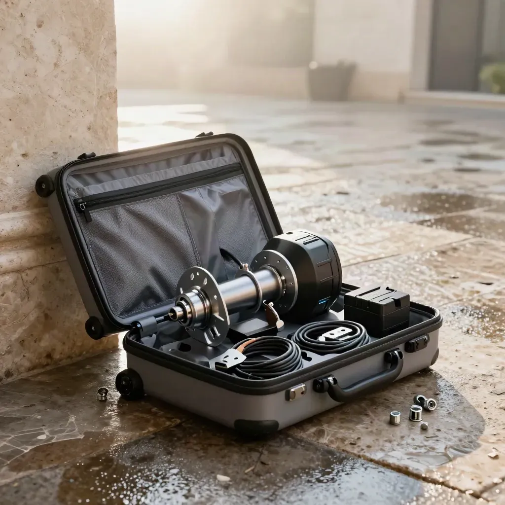 Kit e-bike con motore, batteria e caricatore che esce da una valigia tecnica su pietra bagnata.