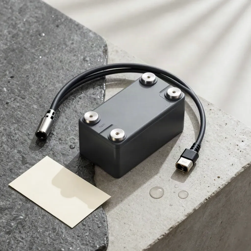 Batteria elettrica compatta su pietra bagnata con cavo e base di ricarica, vista dall’alto