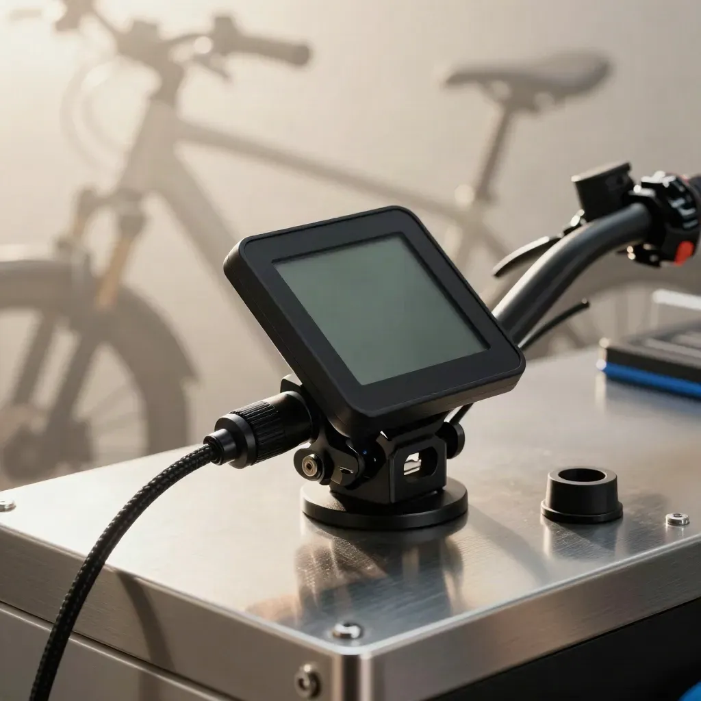 Display LCD per e-bike con staffa e cavo su banco officina, luce morbida e foschia.