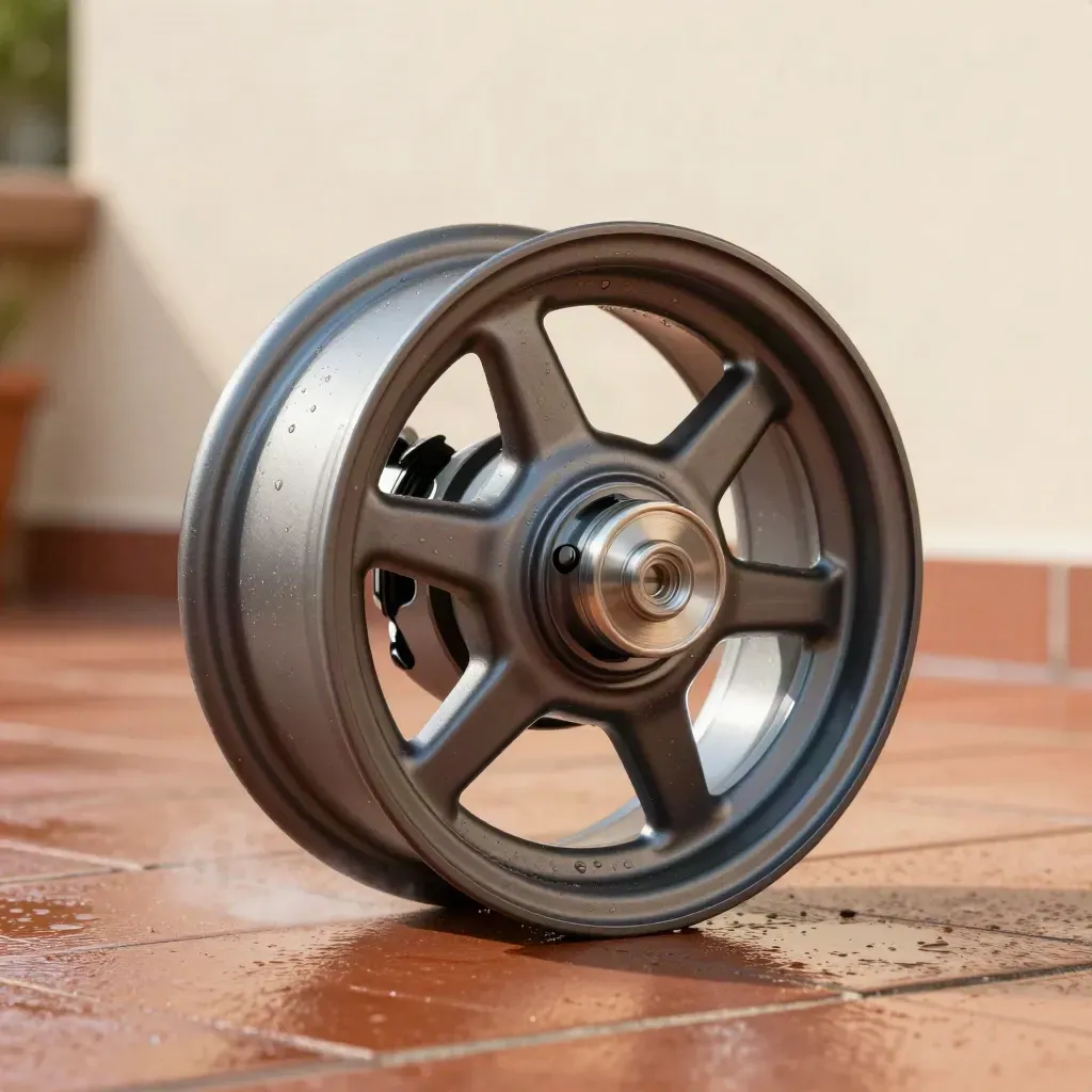 Kit motore posteriore su terrazzo di cotto bagnato, con spruzzo leggero e vapore.