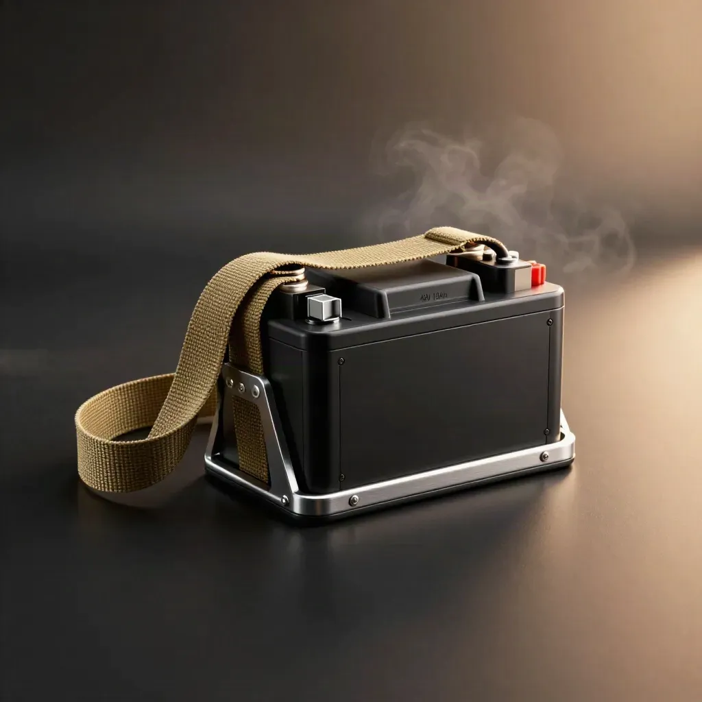 Batteria e-bike nera con cinghie cargo su base di supporto, luce drammatica.