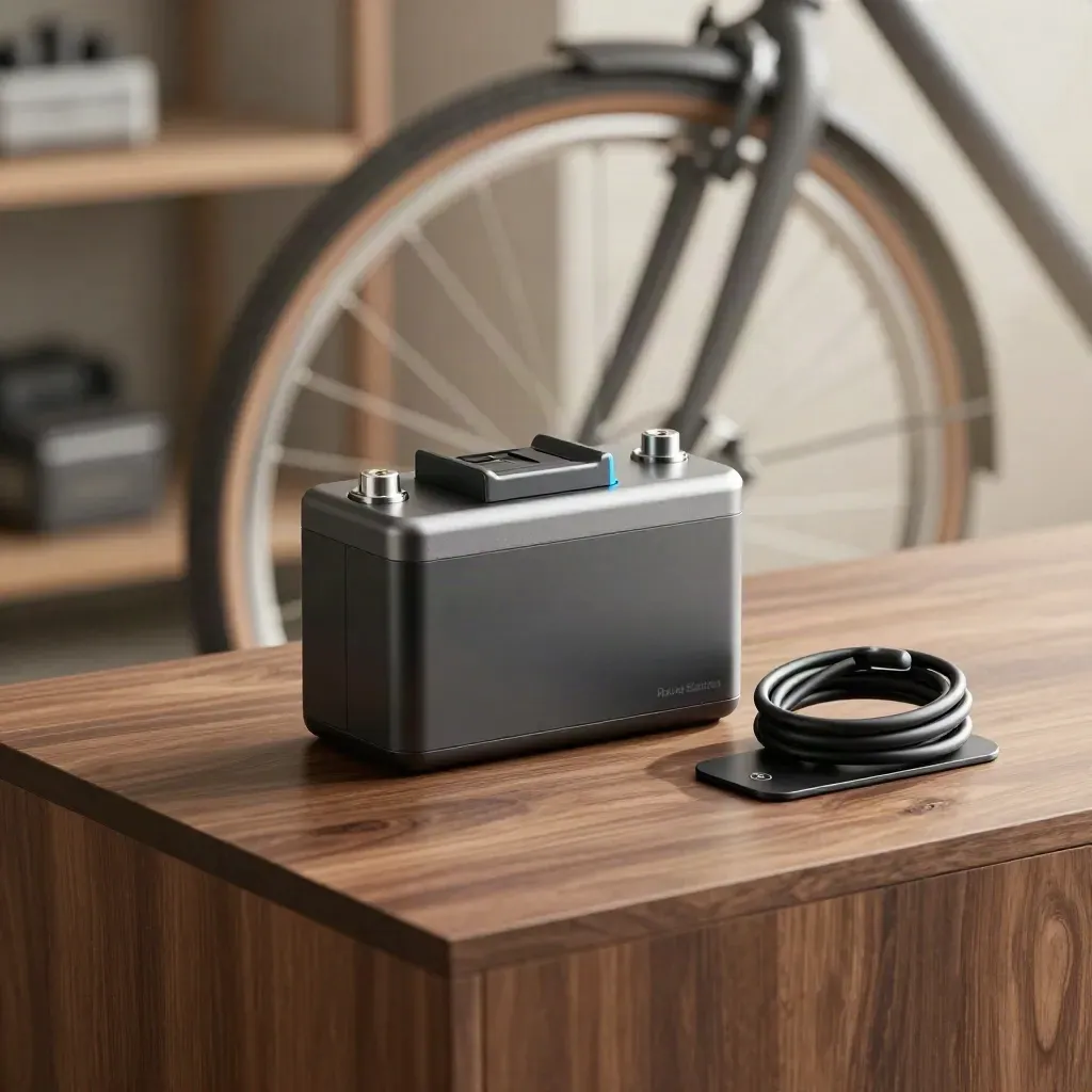 Batteria e-bike grafite su base in legno, cavo piegato e sfondo officina sfocato.