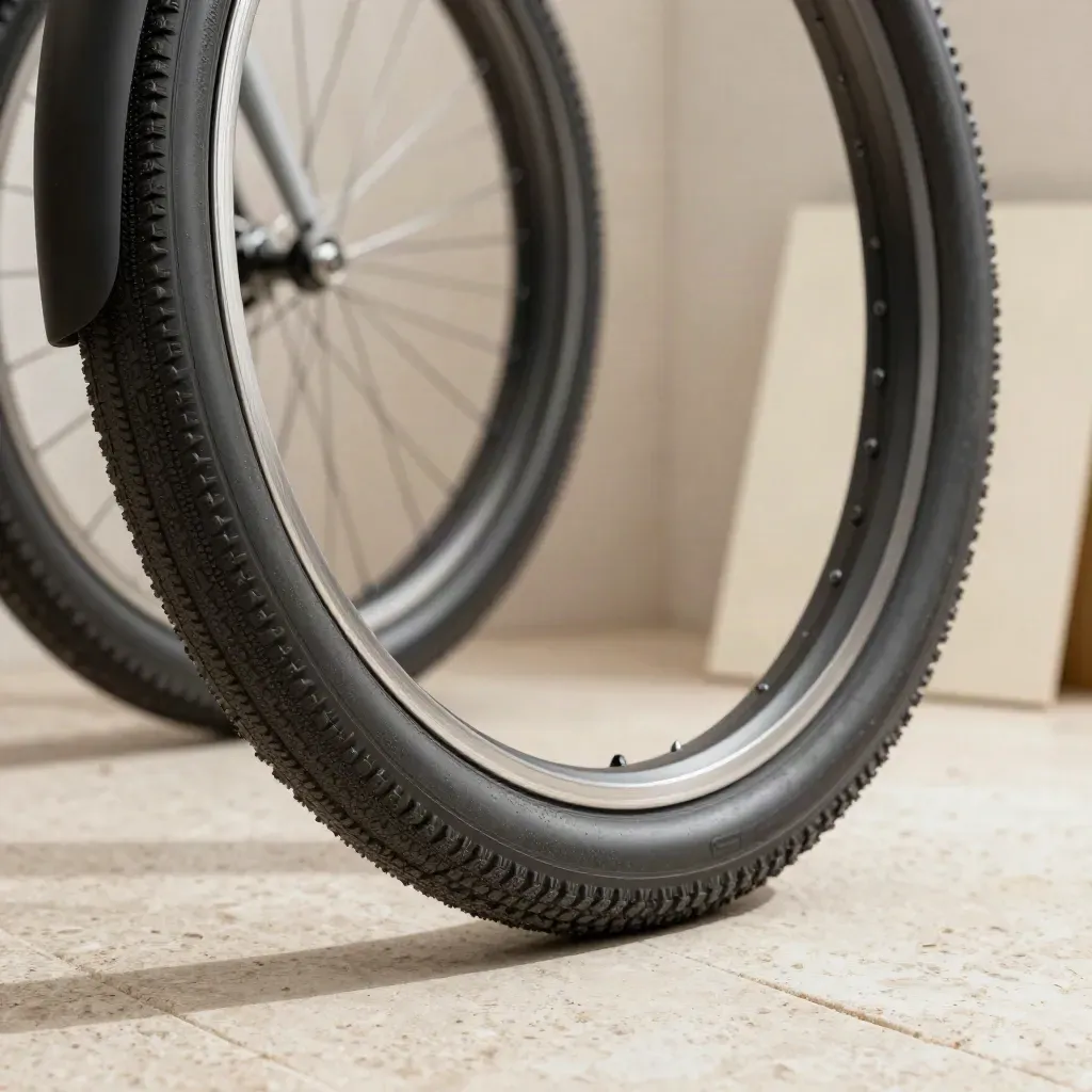 Copertone e-bike nero in macro su travertino chiaro, con battistrada urbano e polvere stradale.
