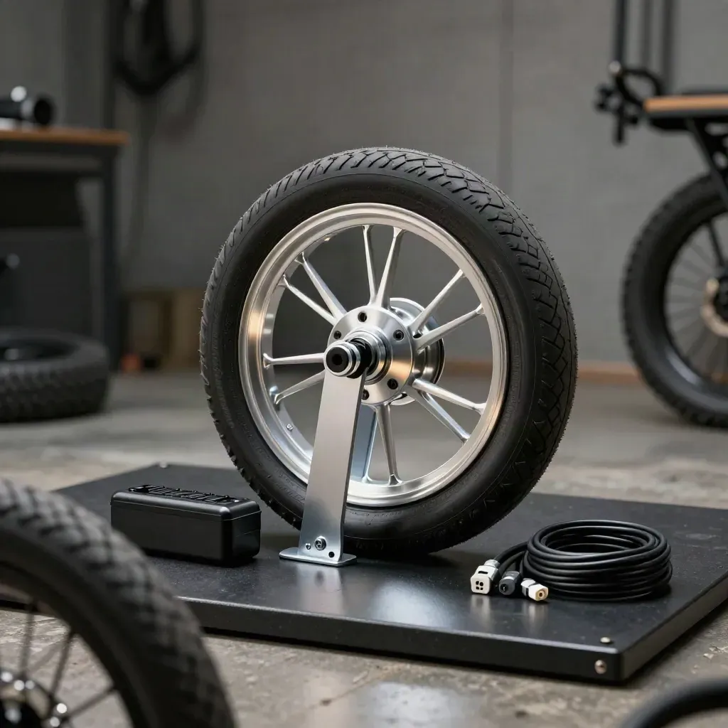 Kit e-bike con ruota motorizzata, batteria, caricatore e accessori su banco scuro.