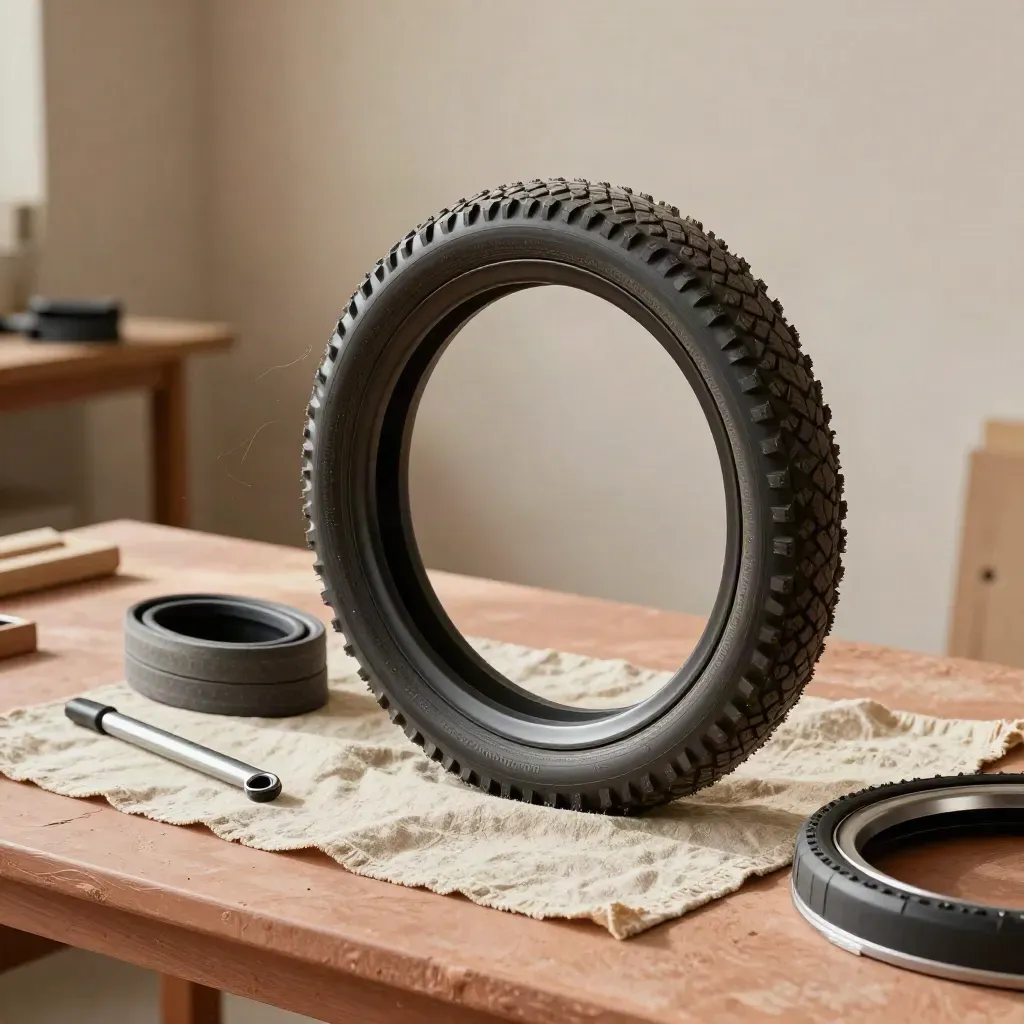 Copertone e-bike rinforzato su lino naturale, con luce calda e dettagli del battistrada.