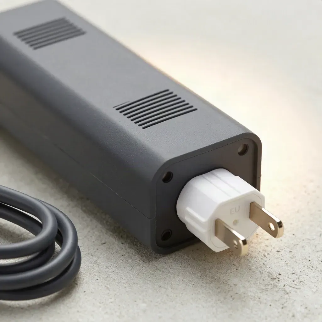 Caricatore elettrico con cavo arrotolato e presa EU su cemento chiaro, macro dall’alto
