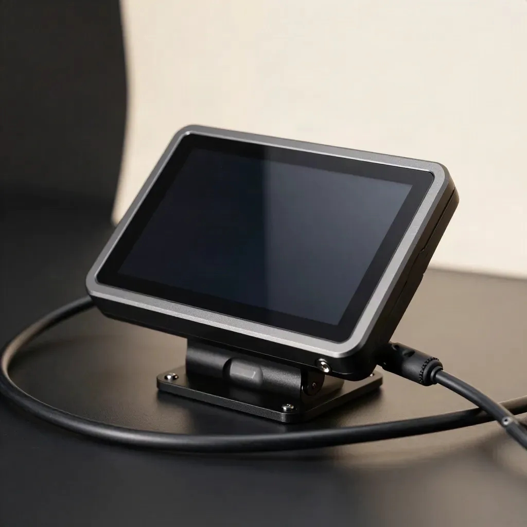 Display LCD per e-bike con staffa e cavi su fondo scuro, luce radente e riflessi morbidi.