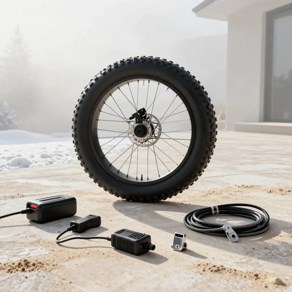 Kit conversione fat bike con ruota larga, motore, batteria e accessori su terrazza luminosa.