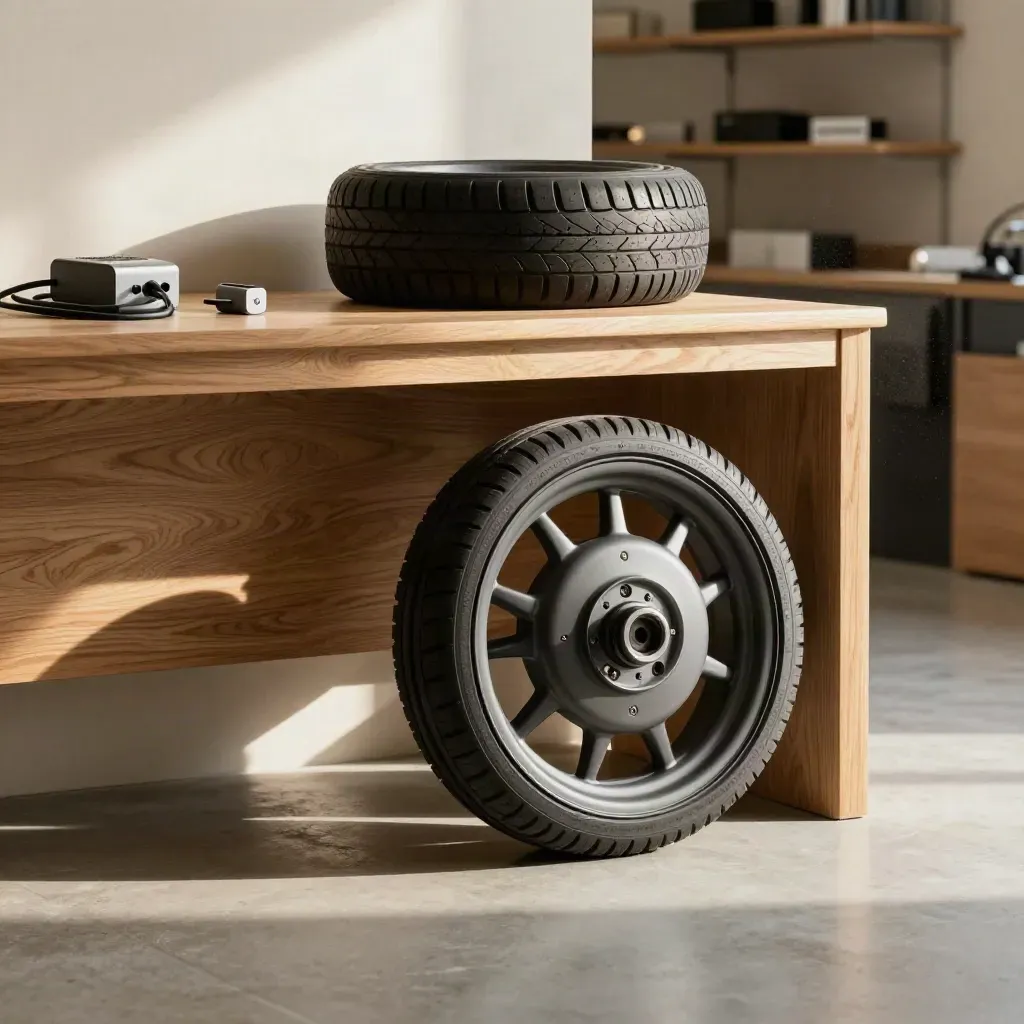Officina elegante con ruota elettrica e componenti su banco in rovere, luce del mattino