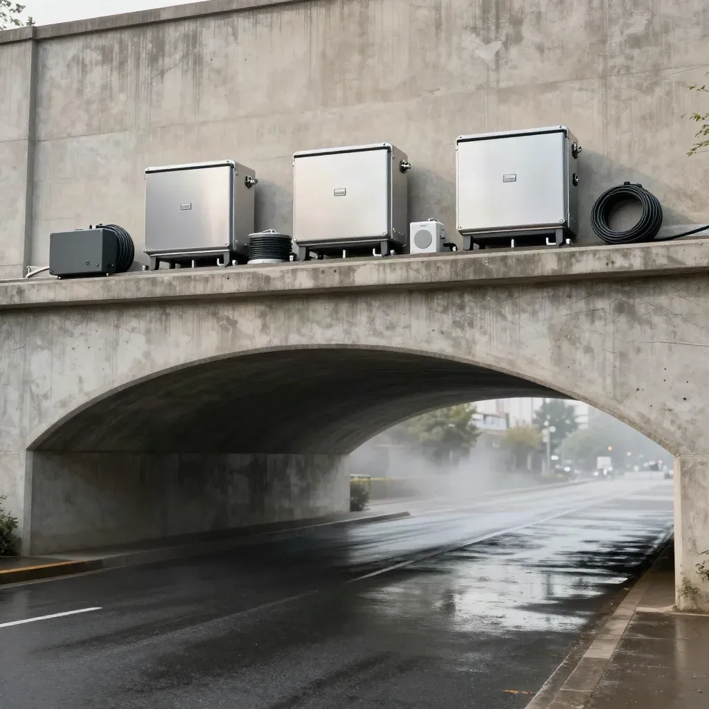 Sottopasso urbano bagnato con moduli hub e scatole tecniche in alto, riflessi e luce fredda
